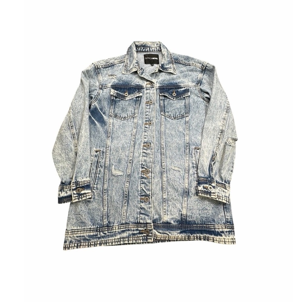Fashion Nova Denim Jacket Womens S‎ Light Wash Acid Distressed Longline FN60384